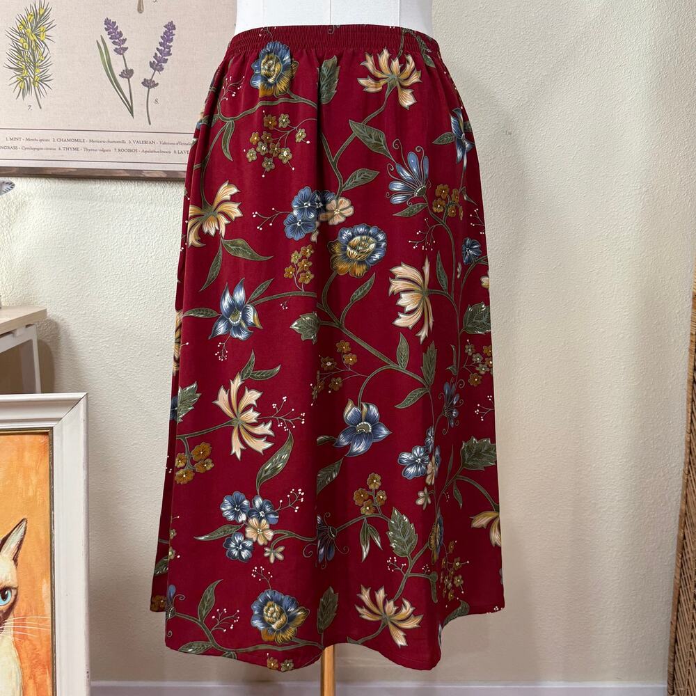 Vintage 90s Y2k Red Floral Midi Skirt Fairy Grunge Cottage Whimsigoth Grandma M